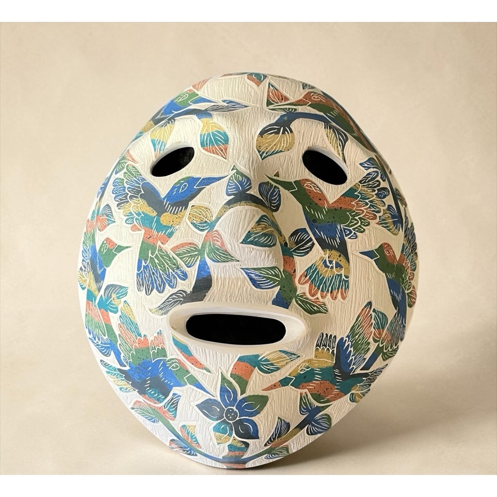 Mata Ortiz Pottery Mask Bright Hummingbird Floral Handmade Clay Folk Art Mexico